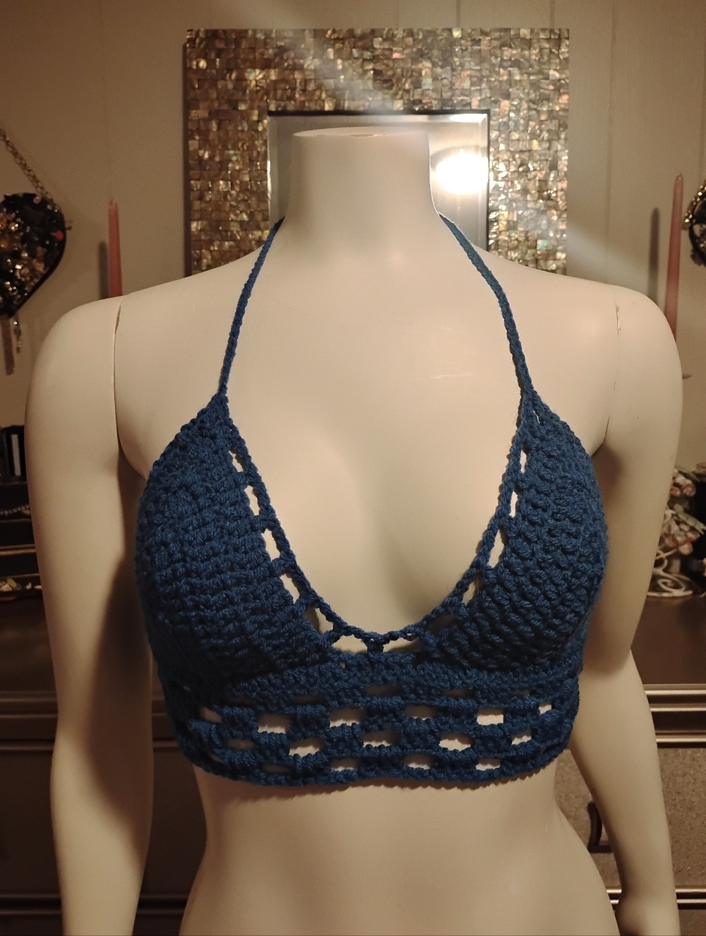 Handmade Crocheted Halter Bralette in Deep Teal Blue